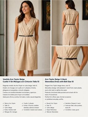 Ann Taylor Beige V-Neck Sleeveless Dress with Belt Size 10